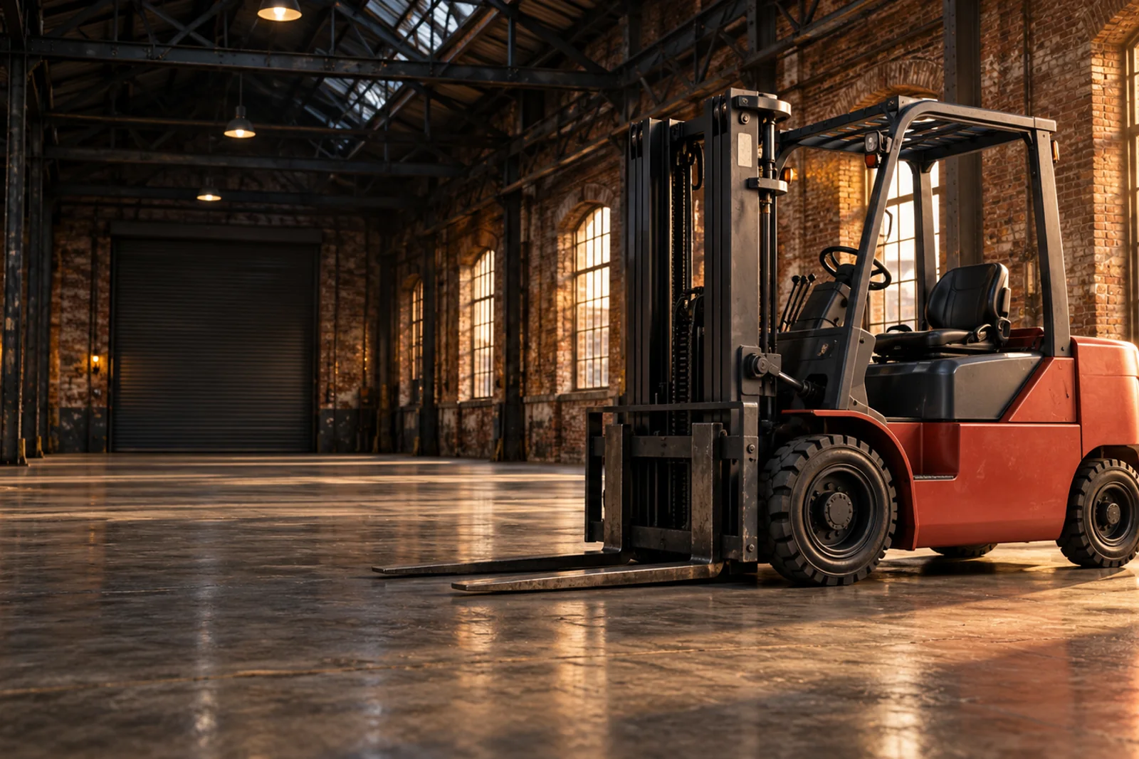 Red counterbalance forklift parked in a brick-walled industrial warehouse