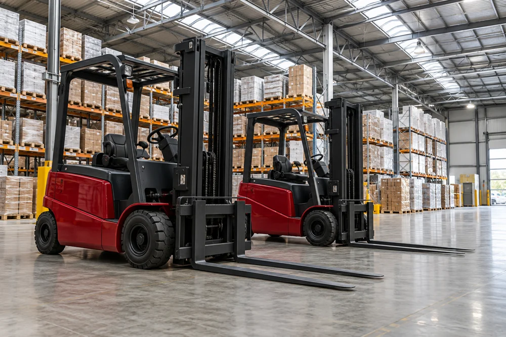 Two forklifts parked inside a modern distribution warehouse