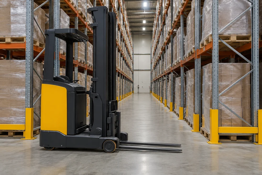 Reach truck at the entrance to a warehouse racking aisle